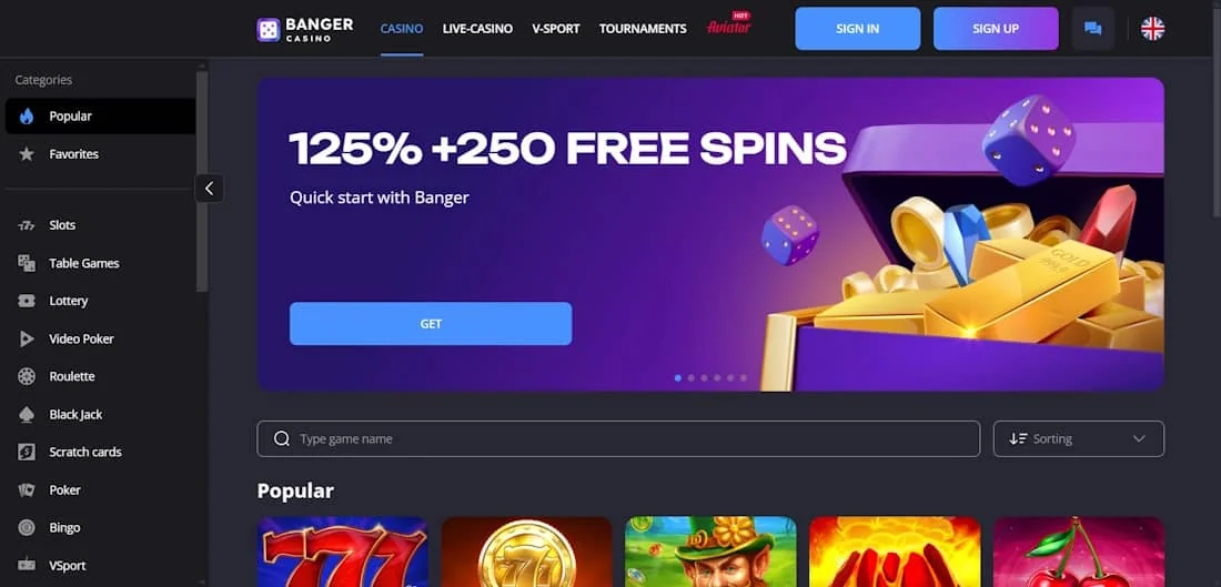 Banger Casino homepage and lobby interface